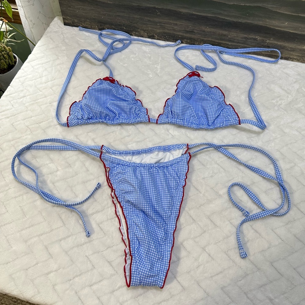 Nwt Frankie’s Bikini Victorias Secret Pink Swim Reign Red Bow Gingham Blue XL